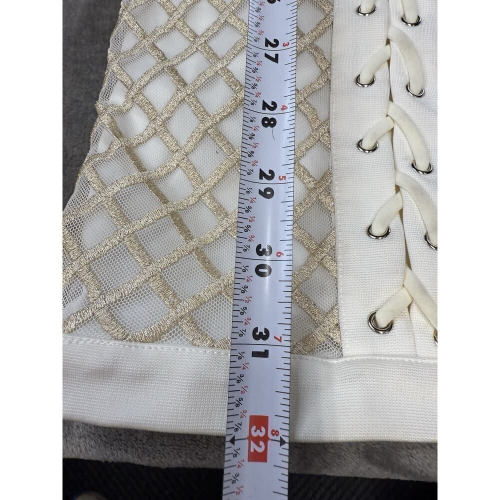 BEBE IVORY METALLIC EMBROIDERED MESH LACE UP DRESS KNEE LENGTH sz 8 - Picture 13 of 16